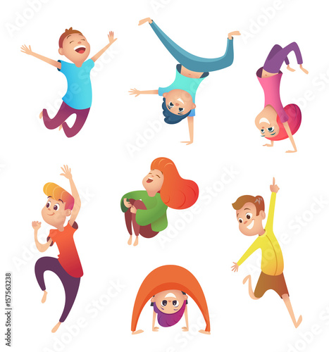 Happy kids in motion. Children in different poses and action. Cartoon Character design.