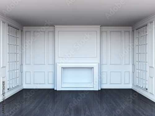 Living room with fireplace and mirrors. White interior. Dark wood floor