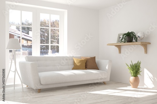 White modern room with sofa. Scandinavian interior design. 3D illustration