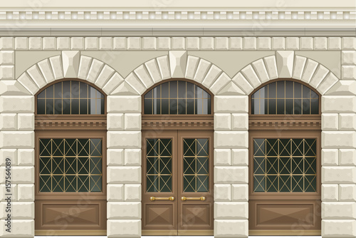 Classic facade in retro style of light stone with wooden windows and doors. Wall of a shop, a station, an office. Vector graphics