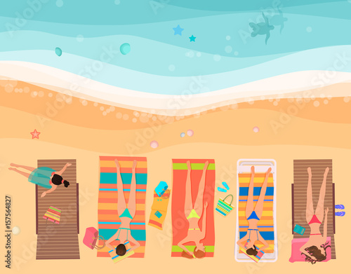 Young women lying on the beach near sea. Top view cartoon vector illustration.