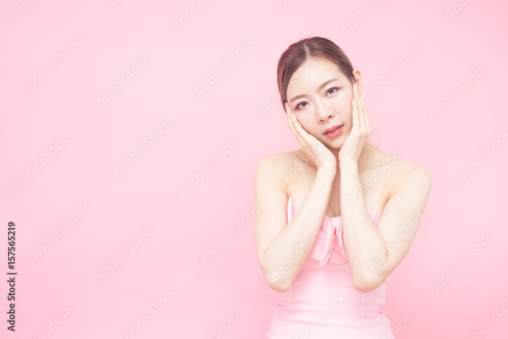 Korean woman fashion set sweet pink sexy girl, woman with skin care concept, isolated with pink background, 20-30 year old. Korean woman fashion set sweet pink sexy girl, woman with skin care concept, isolated with pink background, 20-30 year old.