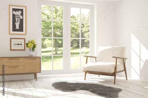Fototapeta Naklejka Na Ścianę i Meble -  White room with armchair and green landscape in window. Scandinavian interior design. 3D illustration