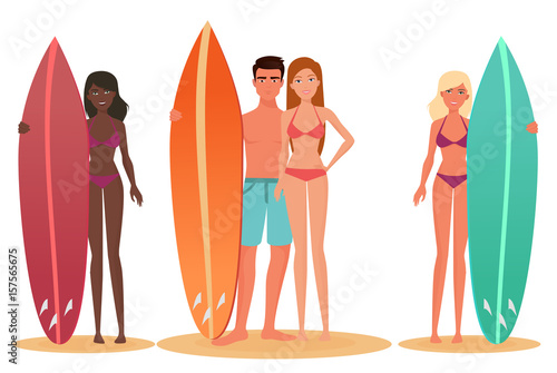 Man and woman surfer standing, holding a surfboard. Cartoon people couple surfers. White and black african young people.