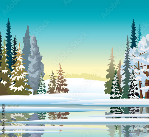 Winter landscape. Early spring. Forest and lake.