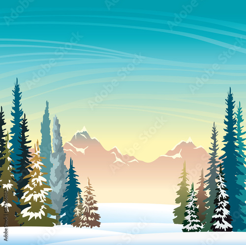 Winter landscape - snowy forest and mountains.