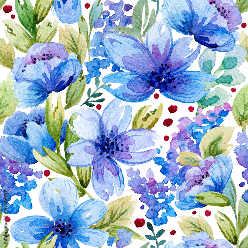 Seamless pattern with watercolor leaves and blue flowers. Illustration ...