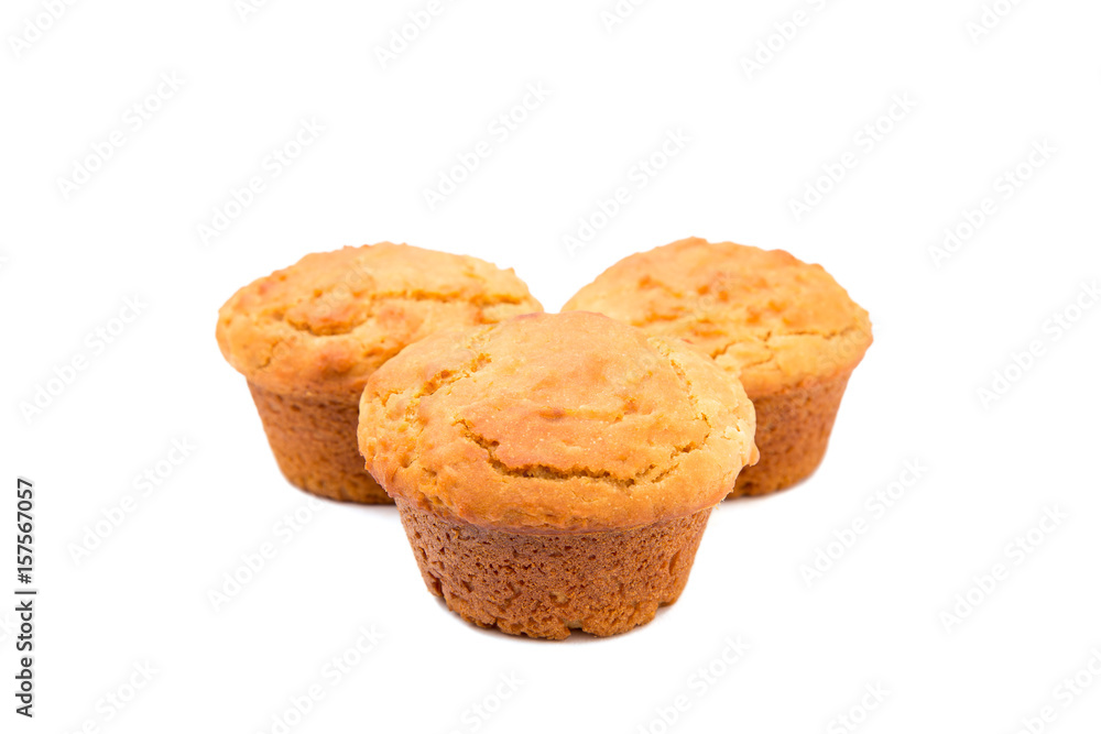 Set of three muffins on white background