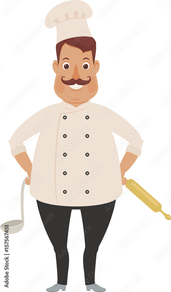 Happy chef staying alone with kitchen tools Happy chef staying alone with kitchen tools