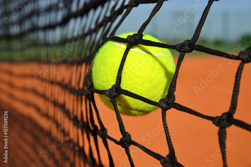 Tennis ball in the net. © vencav