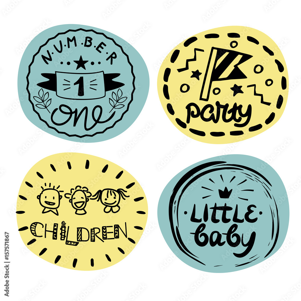 Four children s logo with handwriting Number one, Party, hildren, Little baby. Four children s logo with handwriting Number one, Party, hildren, Little baby.