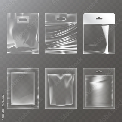 Set of vector illustrations of transparent plastic empty bags, packaging, isolated on a transparent background. Mock up template, layout for branded design