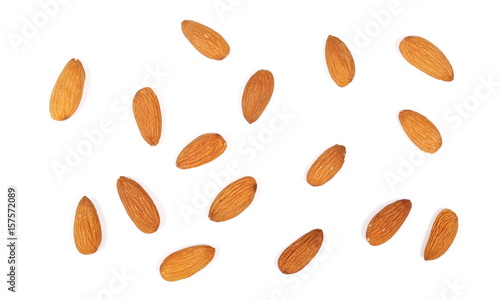 Almond nuts isolated on white background, top view