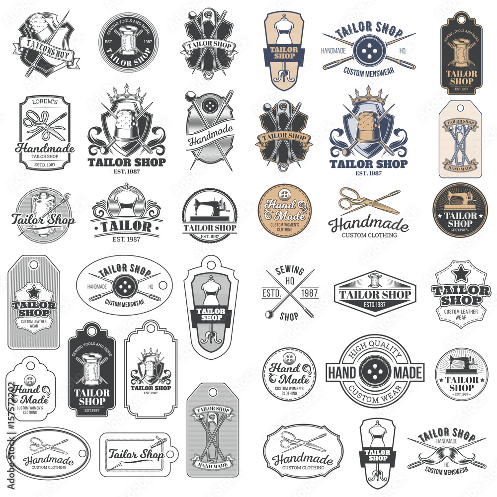 Big set of vector vintage tailor badges, stickers, emblems , signage with sewing needles, pins, thimbles, buttons, coils of thread, sewn on tags