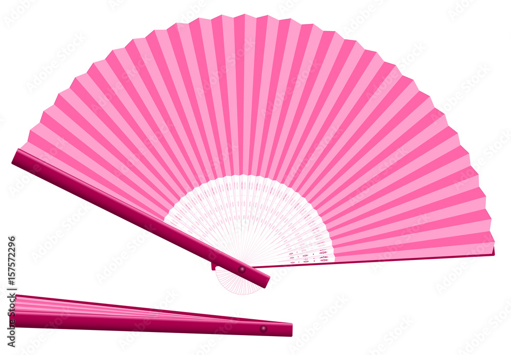 Pink hand fan for cooling when overheated for whatever reason - open and closed - three-dimensional - realistic. Isolated vector illustration on white background. Pink hand fan for cooling when overheated for whatever reason - open and closed - three-dimensional - realistic. Isolated vector illustration on white background.