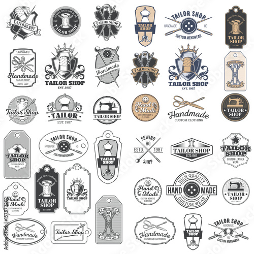 Big set of vector vintage tailor badges, stickers, emblems , signage with sewing needles, pins, thimbles, buttons, coils of thread, sewn on tags