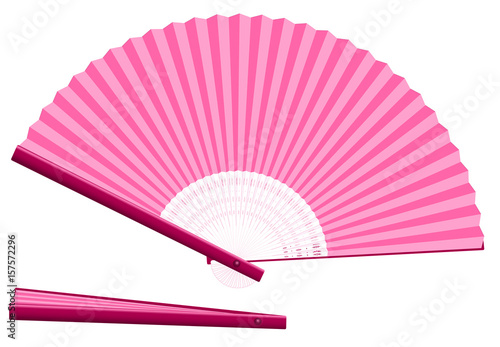 Pink hand fan for cooling when overheated for whatever reason - open and closed - three-dimensional - realistic. Isolated vector illustration on white background.