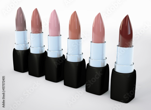Set of lipsticks nude colors. Beige lipstick in a row isolated on white. 3d illustration of lipstick natural color.