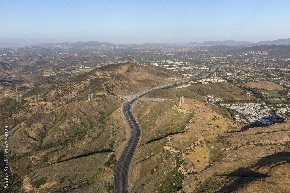 Aerial view of the Ventura 101 Freeway entering Newbury Park and Thousand Oaks, California.