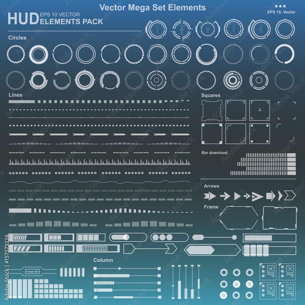 Set Black and white HUD interface elements, lines, circles, pointers, frames for web applications, display elements for the web Set Black and white HUD interface elements, lines, circles, pointers, frames for web applications, display elements for the web