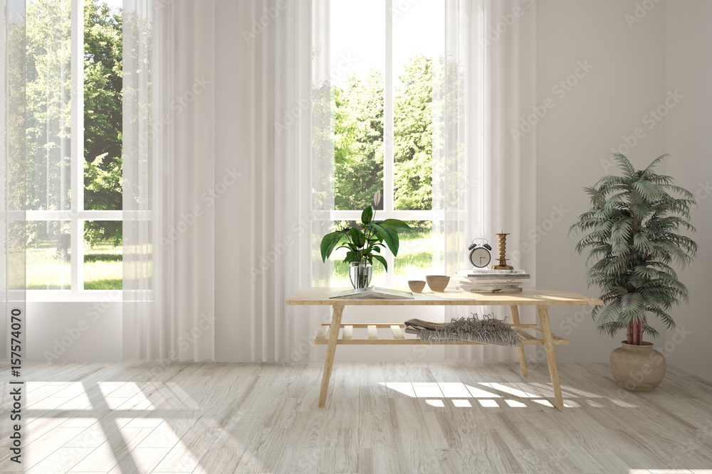 White empty room with green landscape in window. Scandinavian interior design. 3D illustration White empty room with green landscape in window. Scandinavian interior design. 3D illustration