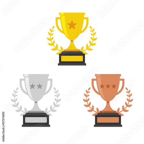 Gold, Silver and Bronze Trophy Cup. Vector Flat Trophy Icon with stars and laurel wreath
