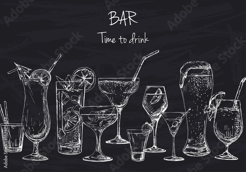 Background with different cocktails. Drawing chalk on a blackboard. Caption: bar, time to drink. Place on your text. Vector illustration of a sketch style.