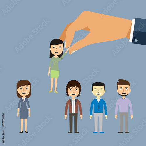 Job recruiting recruitment by employment company. Job searches, employees, and office workers are being picked up or hand picked by hand. Candidate is happy being chosen by business employer.