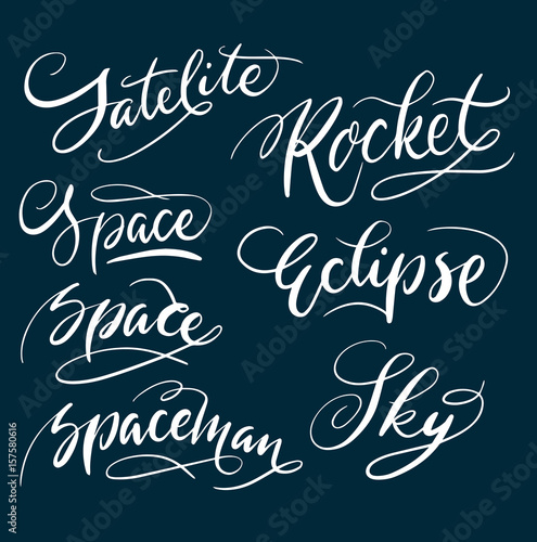 Rocket and space hand written typography. Good use for logotype  symbol  cover label  product  brand  poster title or any graphic design you want. Easy to use or change color   