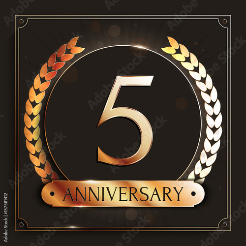 5 years anniversary gold logo on dark background. Vector illustration. photo