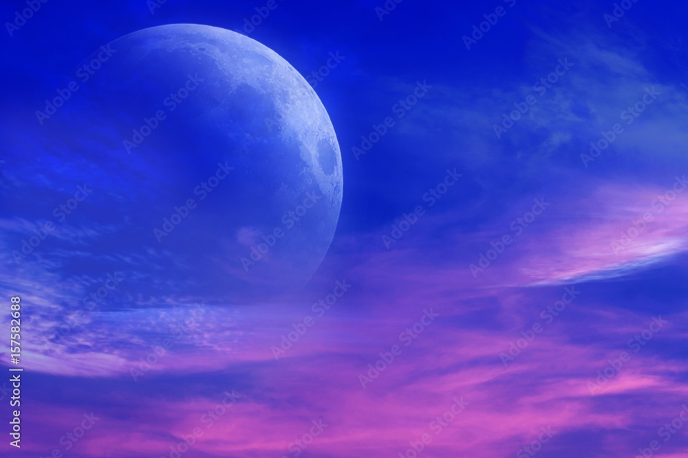 Sunset and new moon . Paradise heaven . Dawn in pink clouds . Religious background. Sunset and new moon . Paradise heaven . Dawn in pink clouds . Religious background.