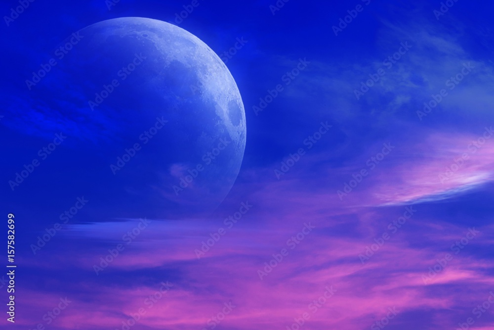 Romantic decline and mystical moon .Sunset and new moon .  Paradise heaven . Dawn in pink clouds . Religious background.