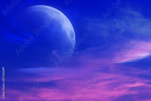 Romantic decline and mystical moon .Sunset and new moon . Paradise heaven . Dawn in pink clouds . Religious background.