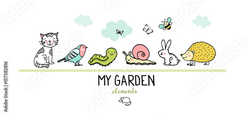 Garden animals, isolated hand drawn vector illustration