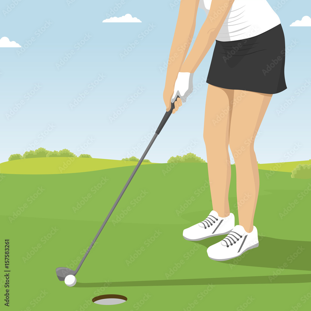 Close up of lady golfer putting. Golf course resort scenes of players and holes Close up of lady golfer putting. Golf course resort scenes of players and holes