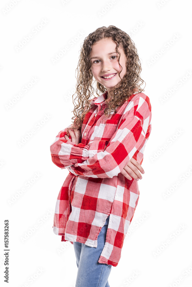 Portrait of 9 years old girl with curly hair, isolated on white Portrait of 9 years old girl with curly hair, isolated on white
