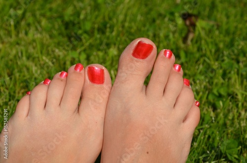 Füße mit rot lackierten Zehennägeln draußen auf der Wiese  © alisseja