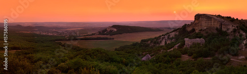Panorama of mount Pugu-kaya at sunset, Bakhchisaray, Crimea