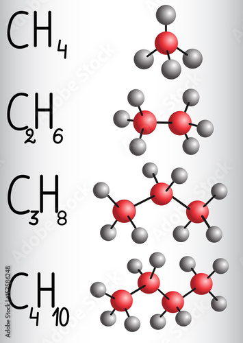 Chemical formula and molecule model methane CH4, ethane C2H4,  propane C3H8,  butane C4H10. Homologous series of alkanes