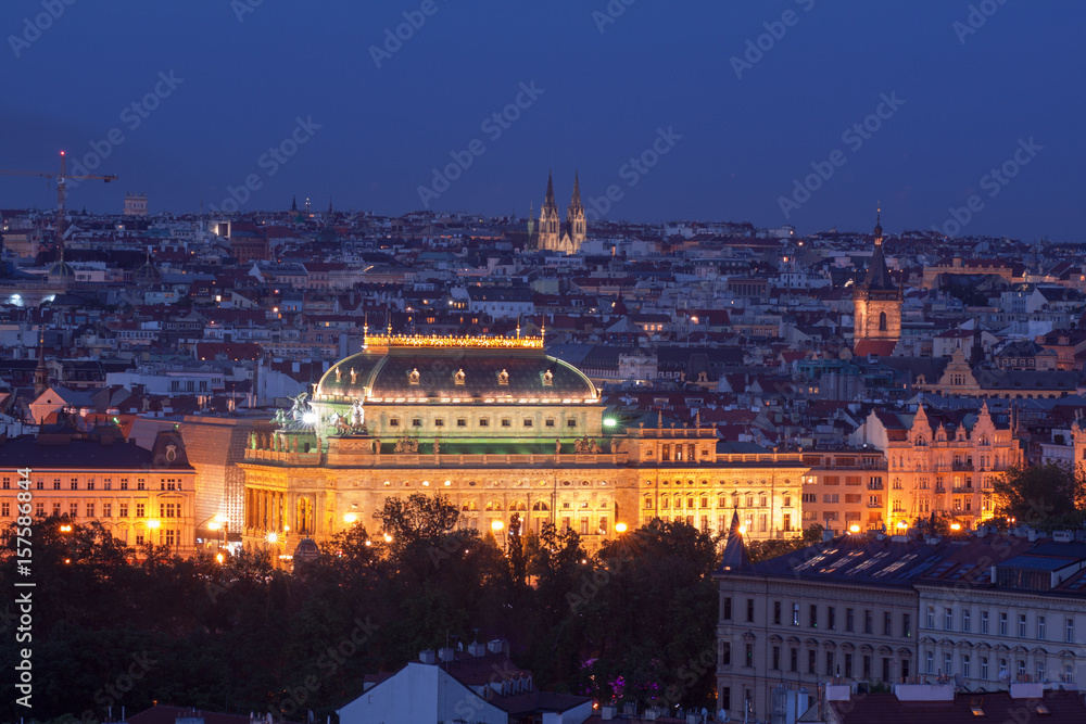 Prague after dark, with Old Town and New Town of Prague and National Theatre.