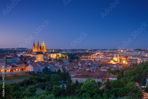 Prague Skyline after Dark. With Lesser Town, Old Town of Prague and Castle Complex.