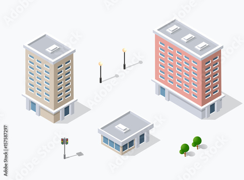 Collection set objects Isometric 3D city infrastructure, urban buildings and construction
