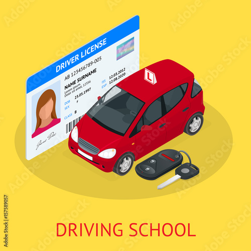 Design concept driving school or learning to drive. Flat isometric illustration