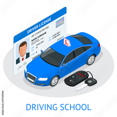 Design concept driving school or learning to drive. Flat isometric illustration