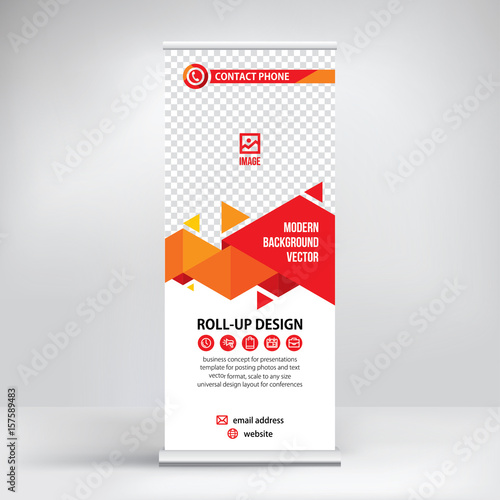 Modern graphic design banner roll-up. Template for placement advertising information, photos, text, stand for conferences, seminars, presentations.