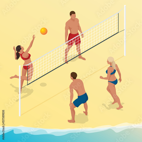 Beach volley ball player jumps on the net and tries to blocks the ball. Summer active holiday concept. Vector isometric illustration
