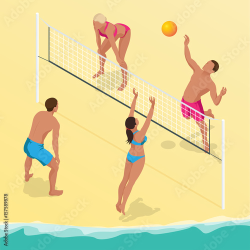 Beach volley ball player jumps on the net and tries to blocks the ball. Summer active holiday concept. Vector isometric illustration