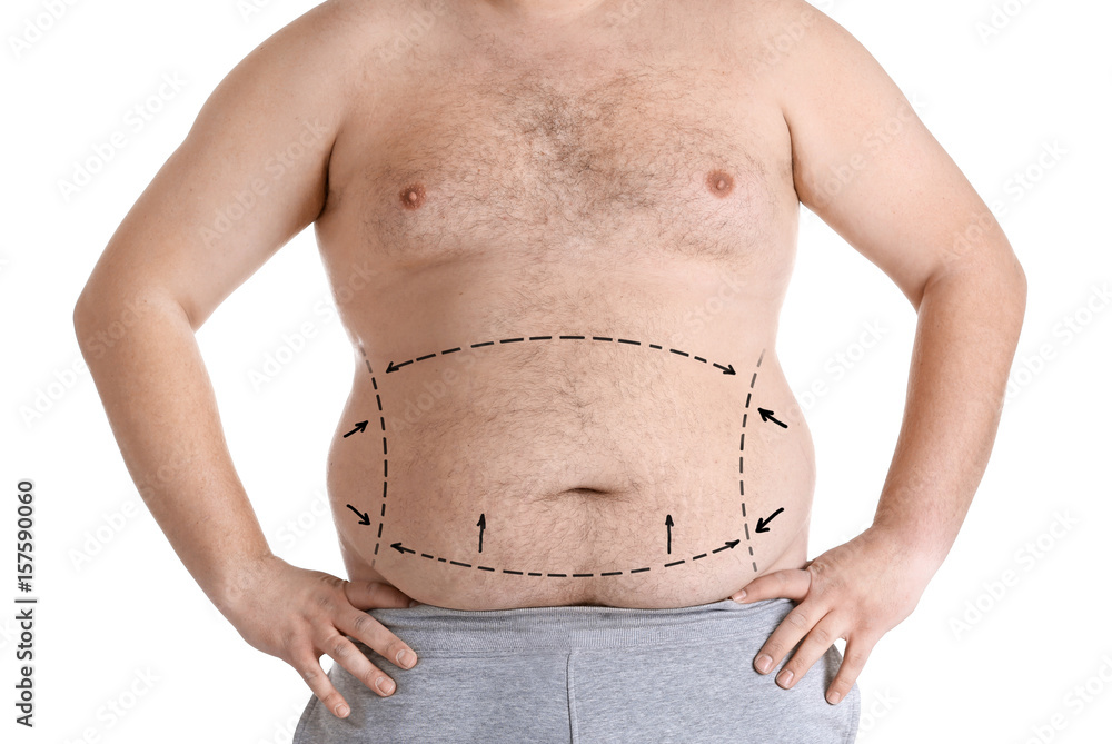 Naklejka premium Fat man on white background. Weight loss concept