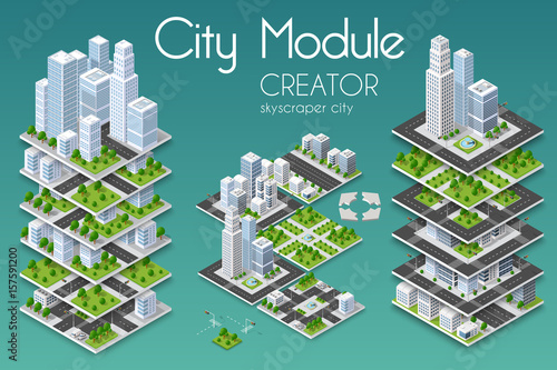 City module creator isometric concept of urban infrastructure business. Vector building illustration of skyscraper and collection of urban elements architecture, home, construction, block and park