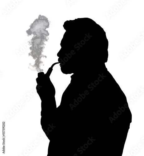 Silhouette of bearded man smoking pipe thinking